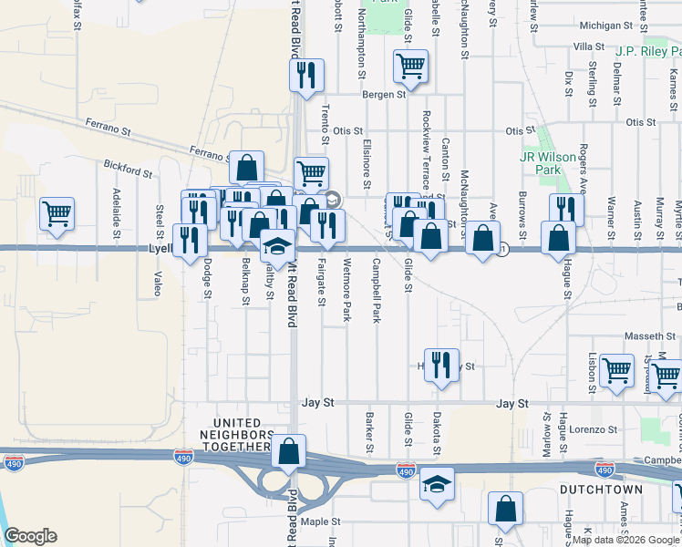map of restaurants, bars, coffee shops, grocery stores, and more near 222 Fairgate Street in Rochester