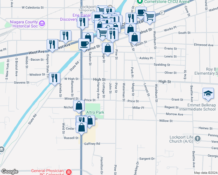 map of restaurants, bars, coffee shops, grocery stores, and more near 112 John Street in Lockport