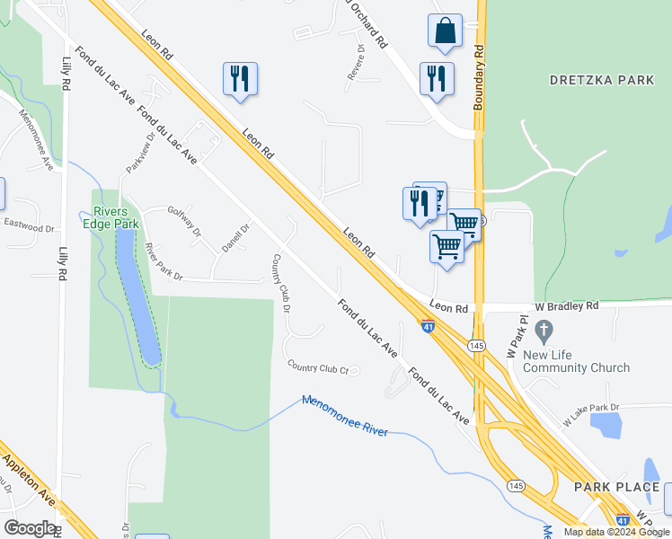 map of restaurants, bars, coffee shops, grocery stores, and more near N80W12960 West Fond Du Lac Avenue in Menomonee Falls