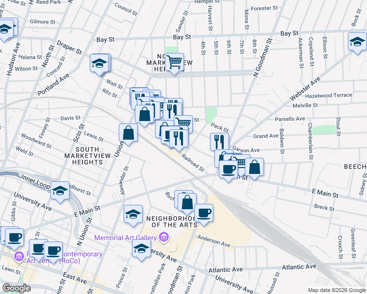 map of restaurants, bars, coffee shops, grocery stores, and more near 183 Hayward Avenue in Rochester