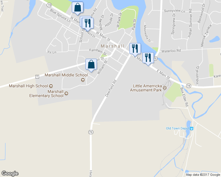 map of restaurants, bars, coffee shops, grocery stores, and more near 471 Deerfield Road in Marshall