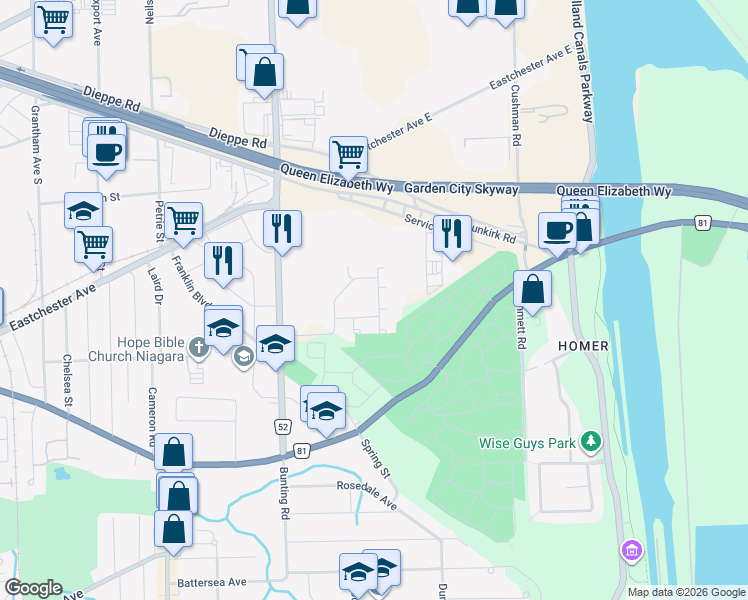 map of restaurants, bars, coffee shops, grocery stores, and more near in St. Catharines