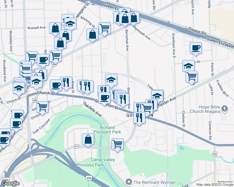 map of restaurants, bars, coffee shops, grocery stores, and more near 23 Ida Street in St. Catharines