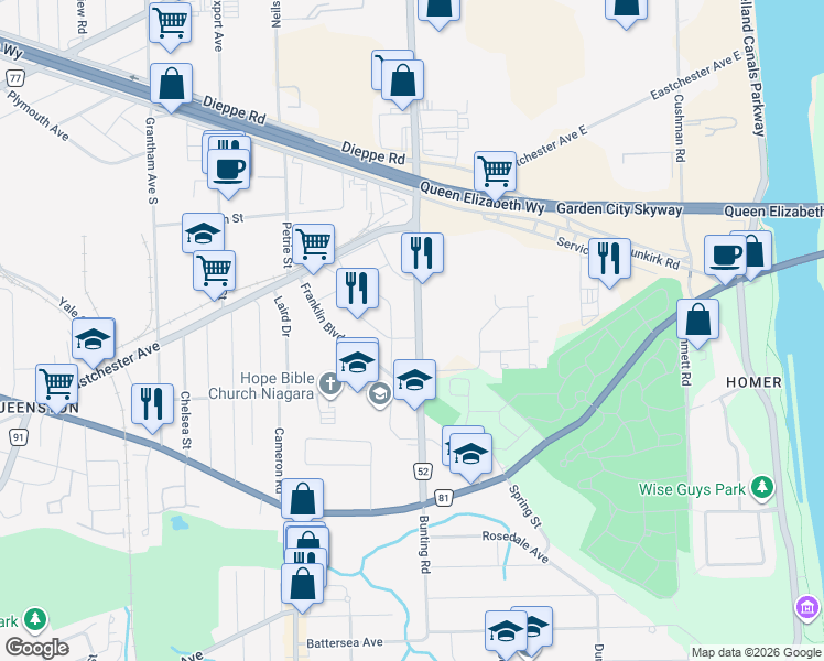 map of restaurants, bars, coffee shops, grocery stores, and more near 121 Bunting Road in St. Catharines