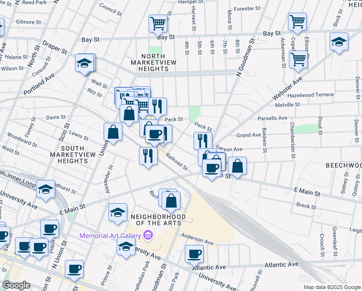 map of restaurants, bars, coffee shops, grocery stores, and more near 208 Hayward Avenue in Rochester