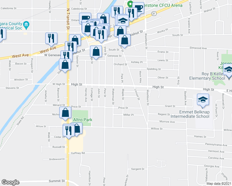 map of restaurants, bars, coffee shops, grocery stores, and more near 133 Waterman Street in Lockport