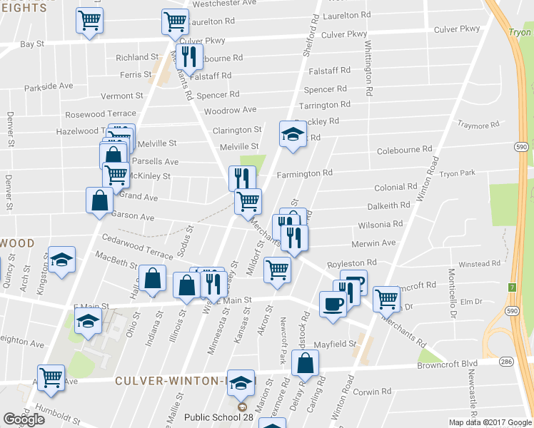 map of restaurants, bars, coffee shops, grocery stores, and more near 141 Mildorf Street in Rochester