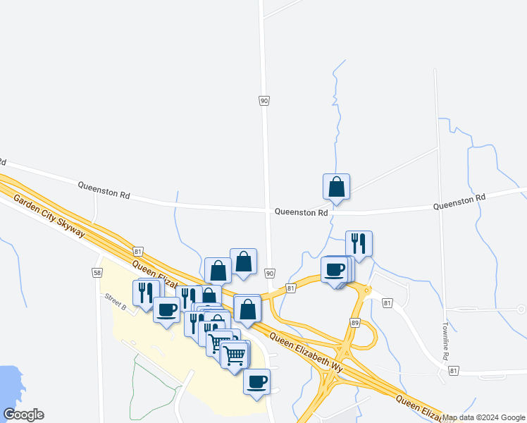map of restaurants, bars, coffee shops, grocery stores, and more near 725 Queenston Road in Niagara-on-the-Lake
