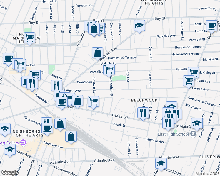 map of restaurants, bars, coffee shops, grocery stores, and more near 436 Garson Avenue in Rochester
