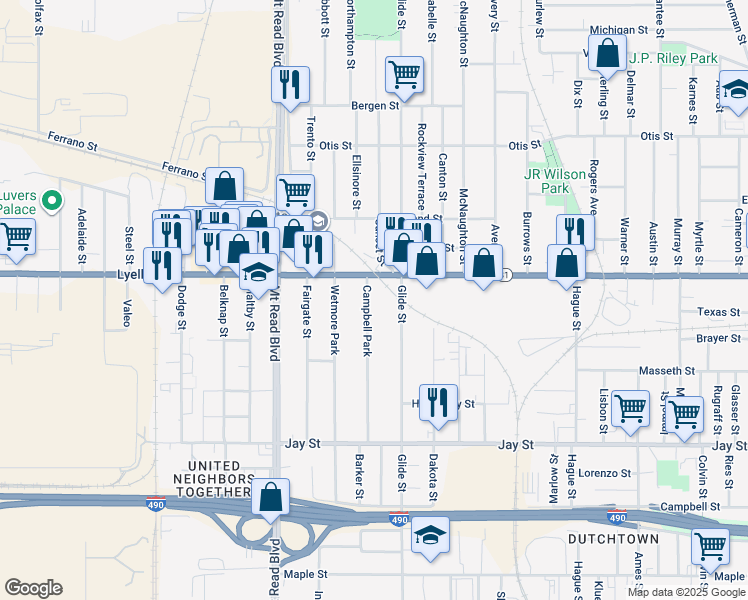 map of restaurants, bars, coffee shops, grocery stores, and more near 214 Campbell Park in Rochester
