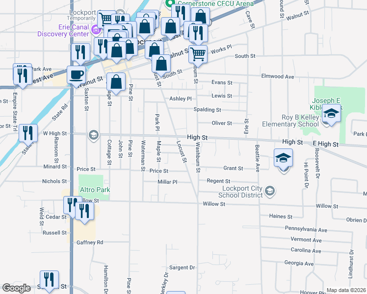 map of restaurants, bars, coffee shops, grocery stores, and more near 247 Locust Street in Lockport
