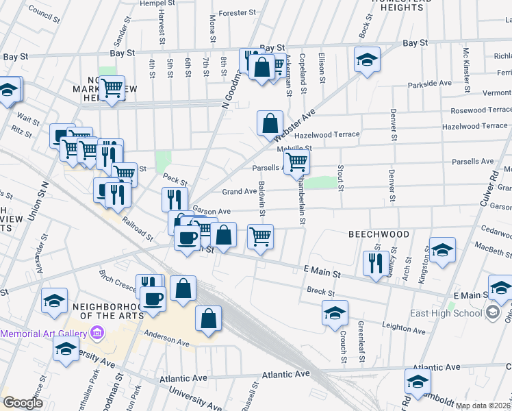 map of restaurants, bars, coffee shops, grocery stores, and more near 332 Garson Avenue in Rochester