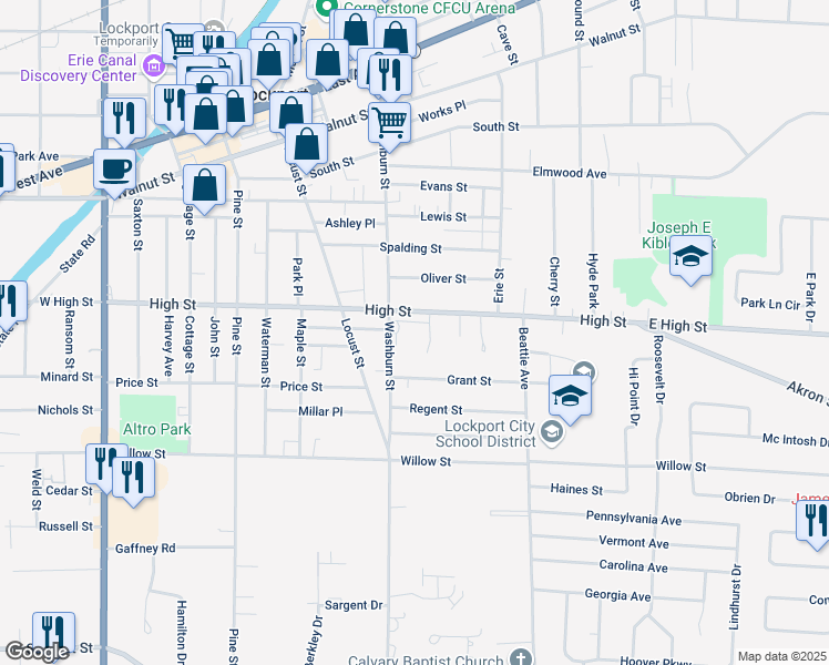 map of restaurants, bars, coffee shops, grocery stores, and more near 327 High Street in Lockport