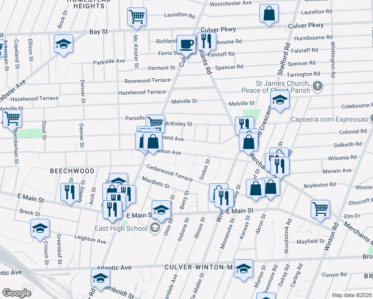 map of restaurants, bars, coffee shops, grocery stores, and more near 966 Garson Avenue in Rochester