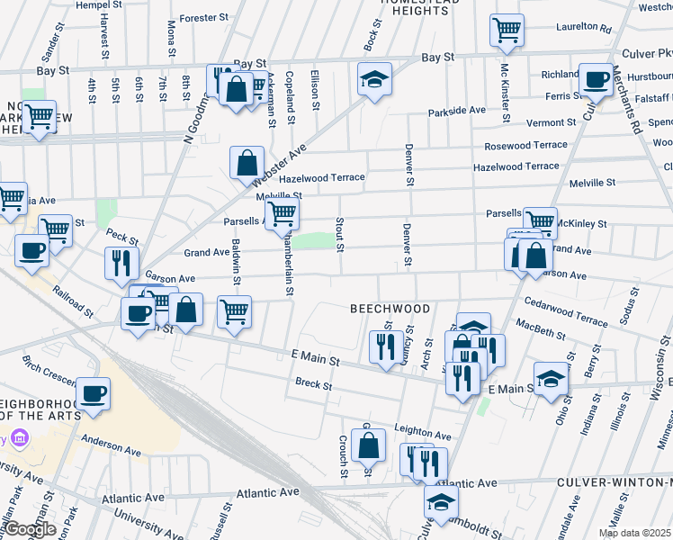 map of restaurants, bars, coffee shops, grocery stores, and more near 542 Garson Avenue in Rochester