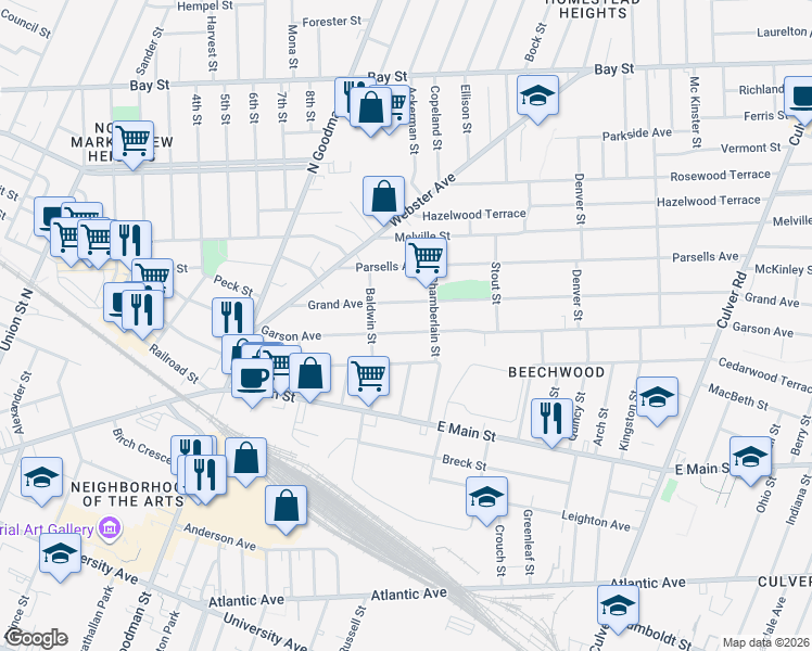 map of restaurants, bars, coffee shops, grocery stores, and more near 380 Garson Avenue in Rochester