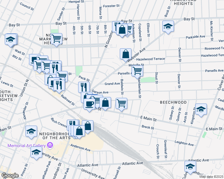 map of restaurants, bars, coffee shops, grocery stores, and more near 274 Garson Avenue in Rochester