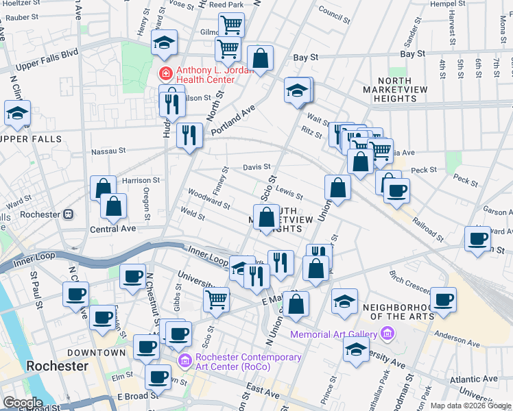 map of restaurants, bars, coffee shops, grocery stores, and more near 381 Scio Street in Rochester