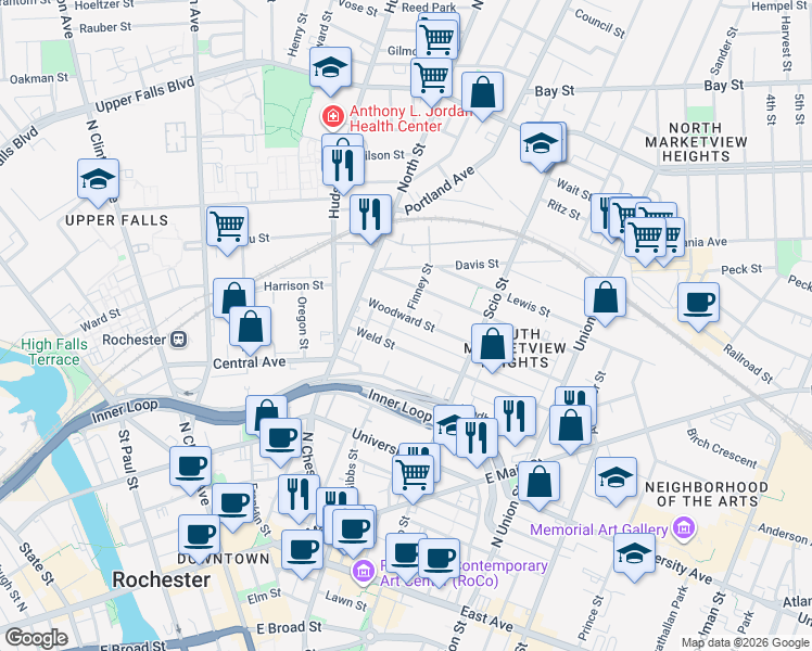 map of restaurants, bars, coffee shops, grocery stores, and more near 37 Woodward Street in Rochester