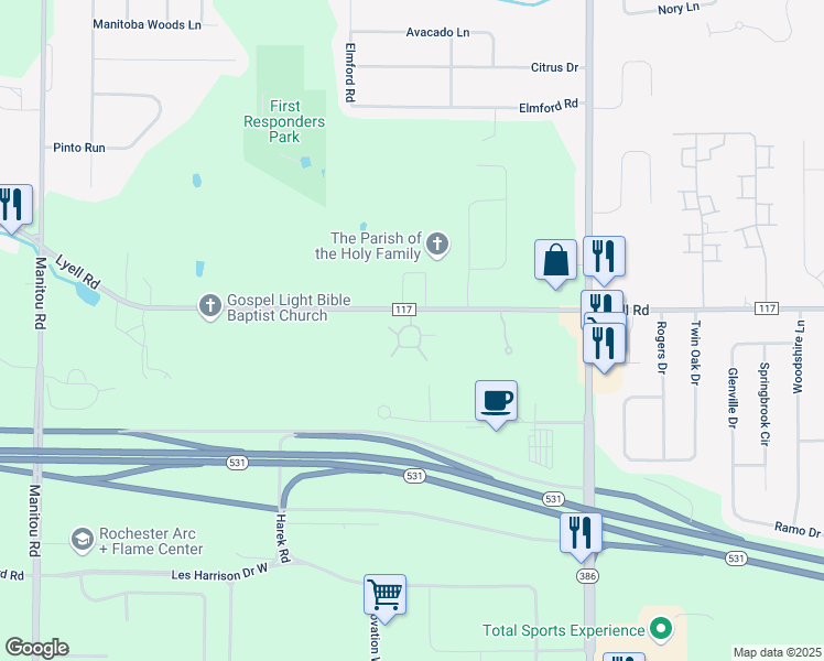 map of restaurants, bars, coffee shops, grocery stores, and more near 40 Crerand Circle in Rochester