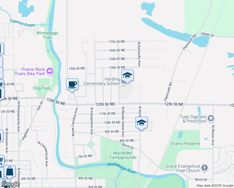 map of restaurants, bars, coffee shops, grocery stores, and more near 1232 N Rhode Island Ave in Mason City