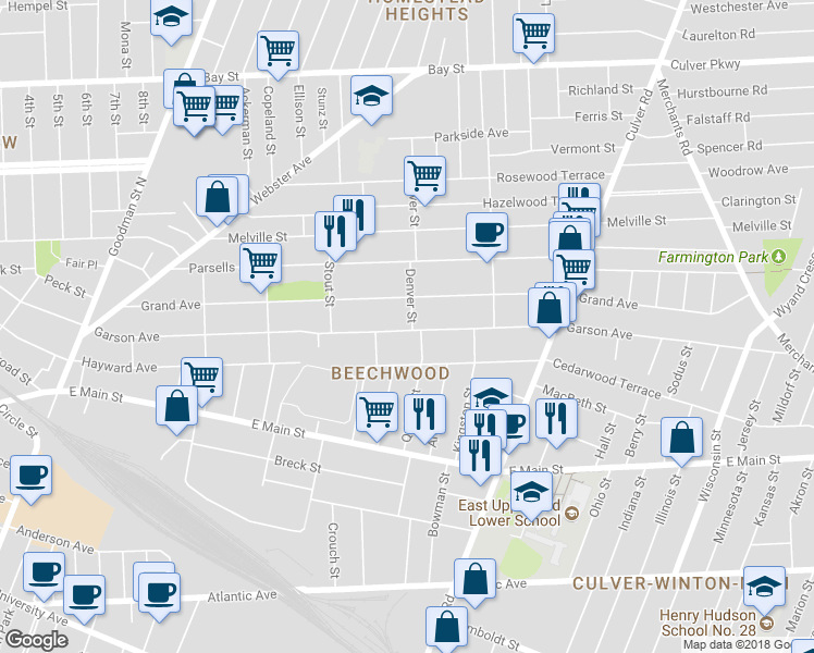 map of restaurants, bars, coffee shops, grocery stores, and more near 636 Garson Avenue in Rochester