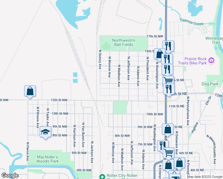map of restaurants, bars, coffee shops, grocery stores, and more near 1305 North Monroe Avenue in Mason City