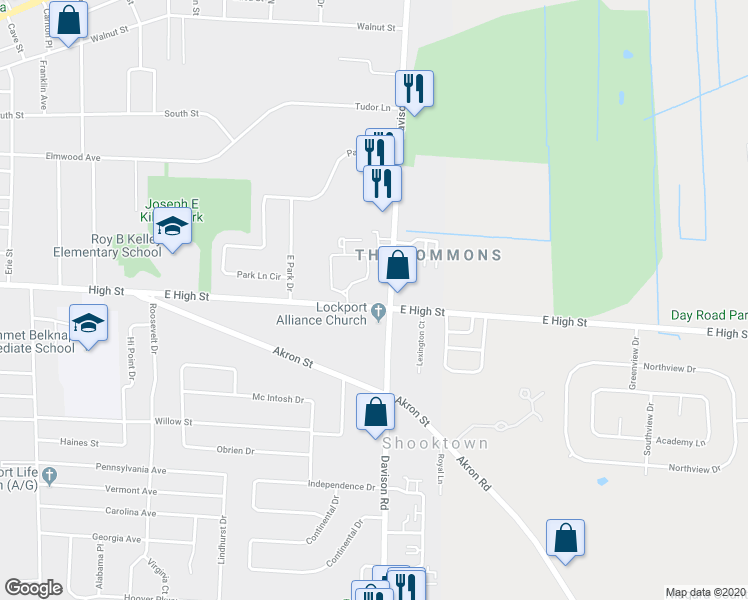 map of restaurants, bars, coffee shops, grocery stores, and more near 838 East High Street in Lockport