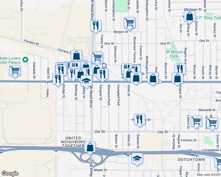 map of restaurants, bars, coffee shops, grocery stores, and more near 218 Wetmore Park in Rochester