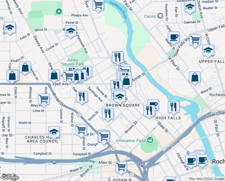 map of restaurants, bars, coffee shops, grocery stores, and more near 630 North Plymouth Avenue in Rochester