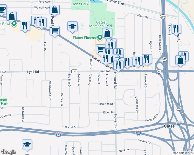 map of restaurants, bars, coffee shops, grocery stores, and more near 37 Elvira Street in Rochester