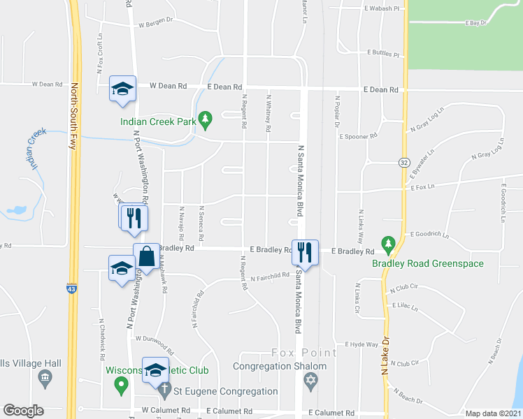 map of restaurants, bars, coffee shops, grocery stores, and more near 8039 North Whitney Road in Fox Point