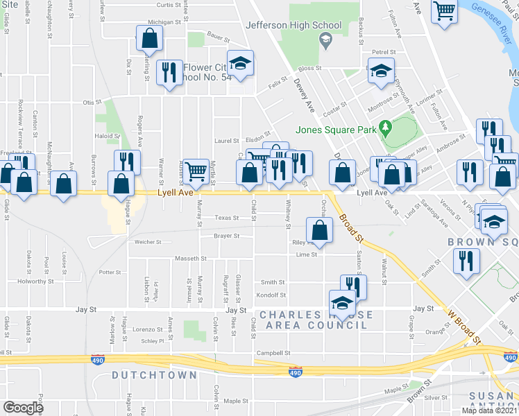 map of restaurants, bars, coffee shops, grocery stores, and more near 592 Child Street in Rochester
