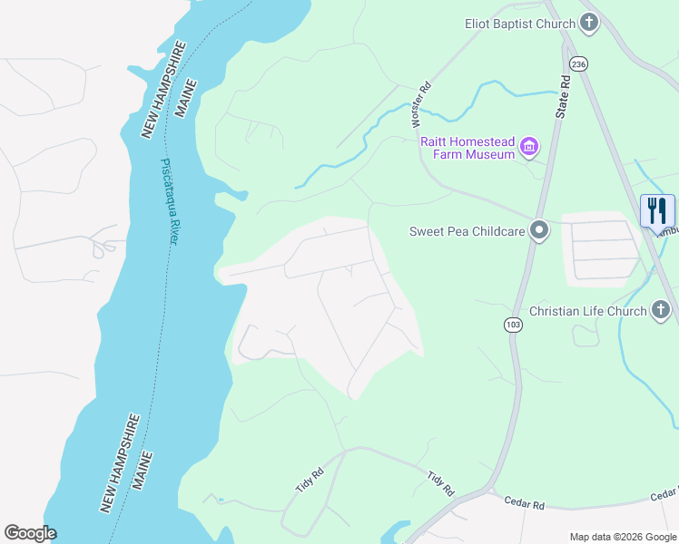 map of restaurants, bars, coffee shops, grocery stores, and more near 8 Bayview Drive in Eliot