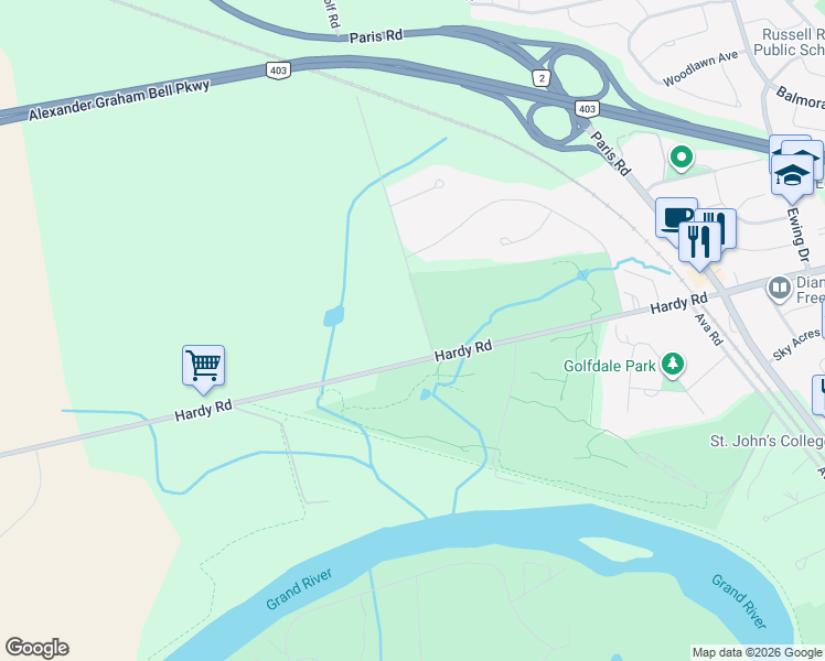 map of restaurants, bars, coffee shops, grocery stores, and more near 15 Golf Road in Brantford
