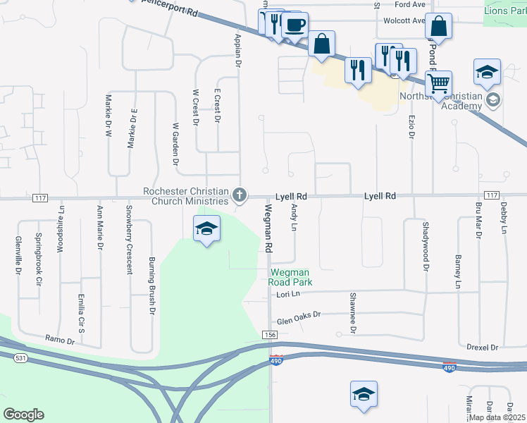map of restaurants, bars, coffee shops, grocery stores, and more near 375 Wegman Road in Rochester