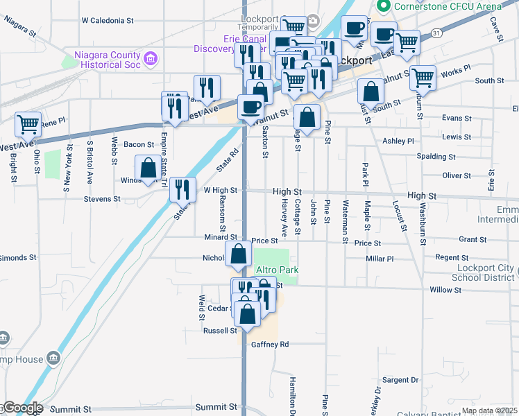 map of restaurants, bars, coffee shops, grocery stores, and more near 168 Saxton Street in Lockport