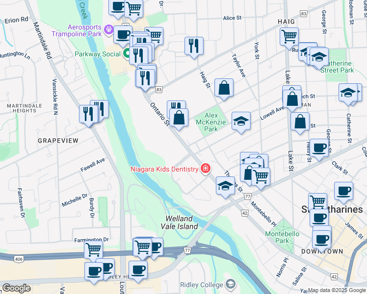 map of restaurants, bars, coffee shops, grocery stores, and more near 243 Ontario Street in St. Catharines
