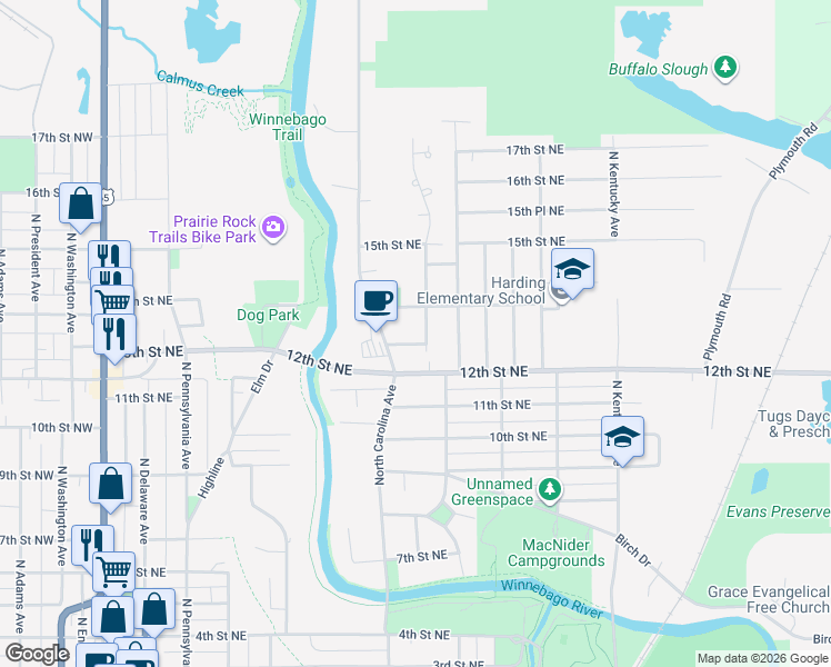 map of restaurants, bars, coffee shops, grocery stores, and more near 1306 North Carolina Place in Mason City