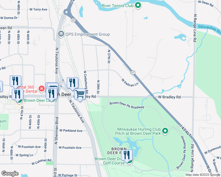 map of restaurants, bars, coffee shops, grocery stores, and more near 8030 North 37th Street in Brown Deer