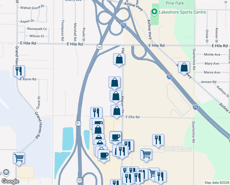 map of restaurants, bars, coffee shops, grocery stores, and more near 4851 Harvey Street in Norton Shores