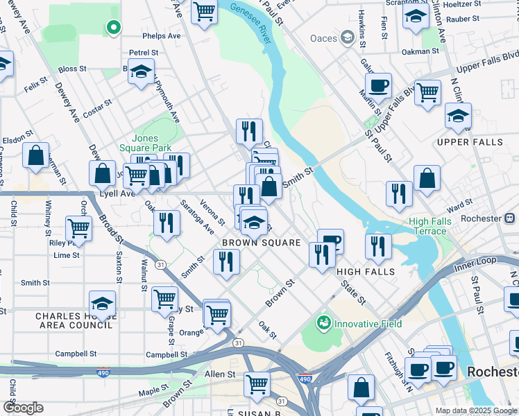 map of restaurants, bars, coffee shops, grocery stores, and more near 295N Smith Street in Rochester