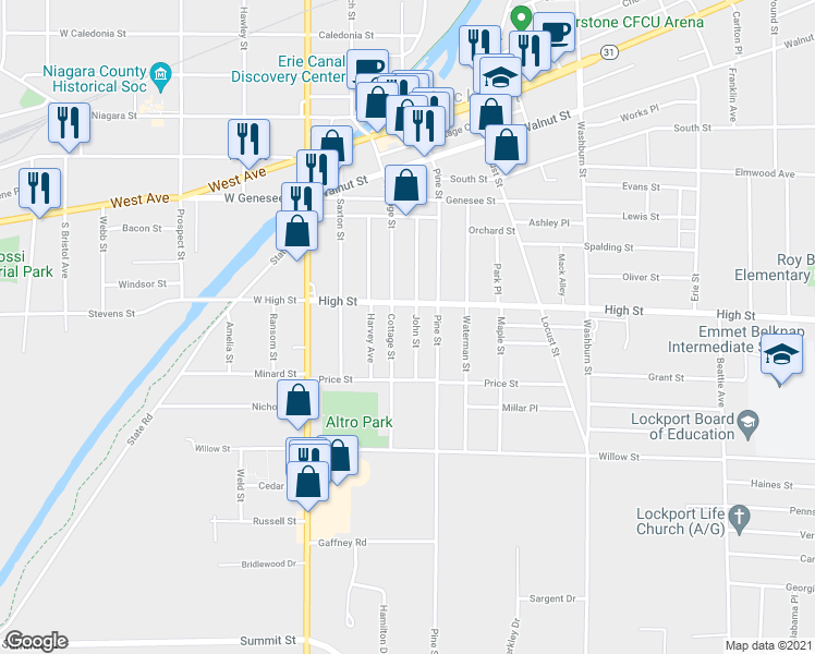 map of restaurants, bars, coffee shops, grocery stores, and more near 112 John Street in Lockport