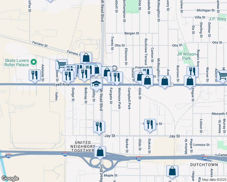 map of restaurants, bars, coffee shops, grocery stores, and more near 222 Fairgate Street in Rochester