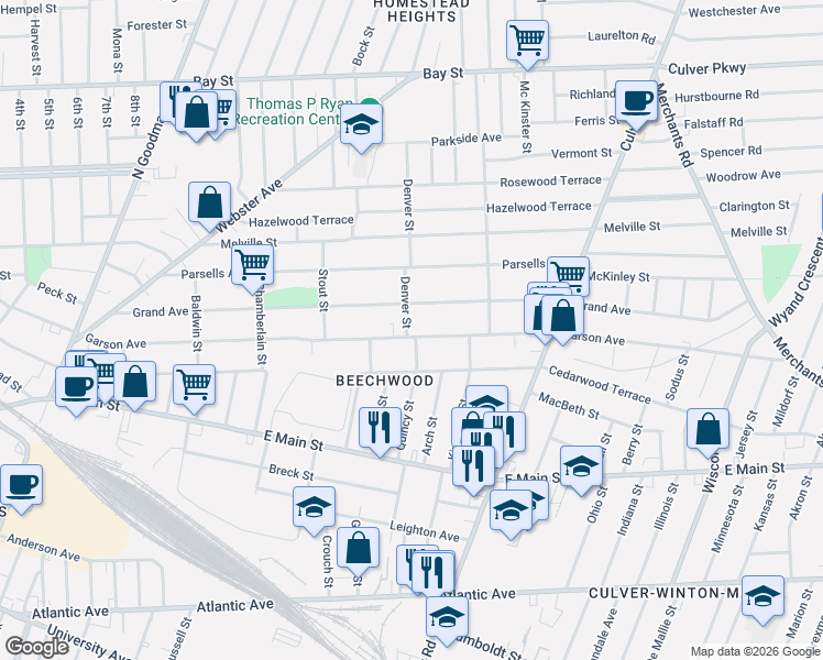 map of restaurants, bars, coffee shops, grocery stores, and more near 650 Garson Avenue in Rochester