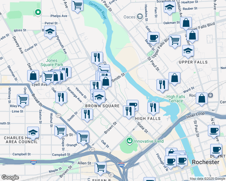 map of restaurants, bars, coffee shops, grocery stores, and more near 514 State Street in Rochester