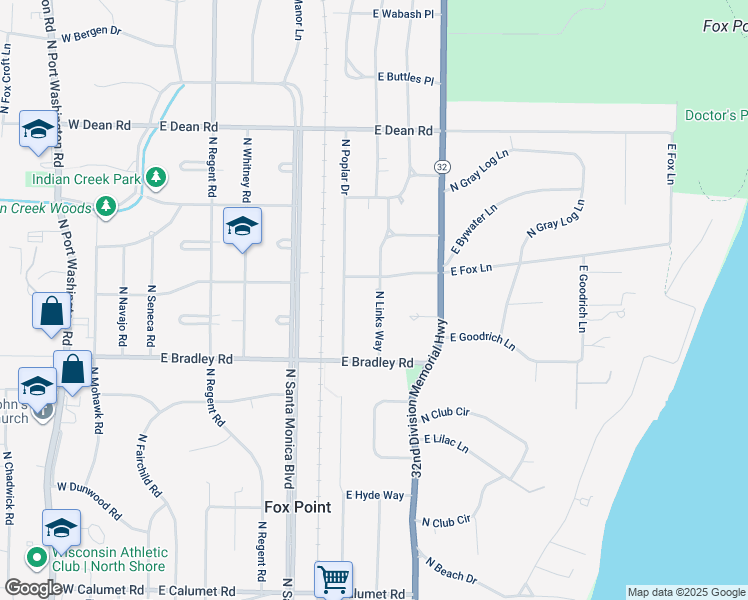 map of restaurants, bars, coffee shops, grocery stores, and more near 8041 North Links Way in Fox Point