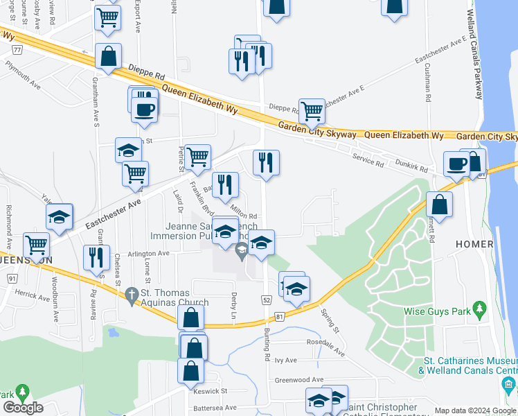 map of restaurants, bars, coffee shops, grocery stores, and more near 123 Bunting Road in St. Catharines