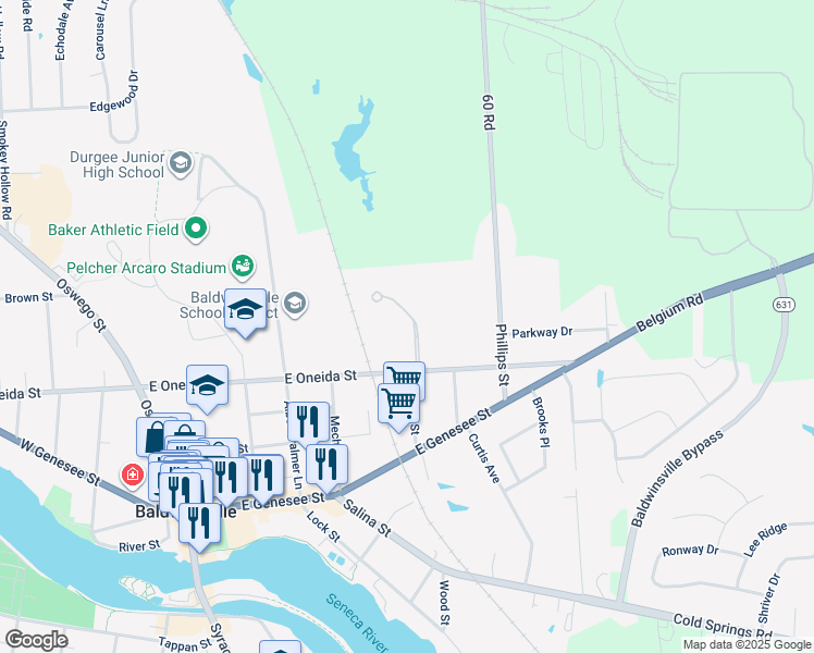 map of restaurants, bars, coffee shops, grocery stores, and more near 59 Candlewood Gardens in Baldwinsville