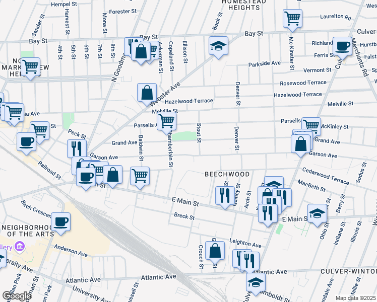 map of restaurants, bars, coffee shops, grocery stores, and more near 486 Garson Avenue in Rochester
